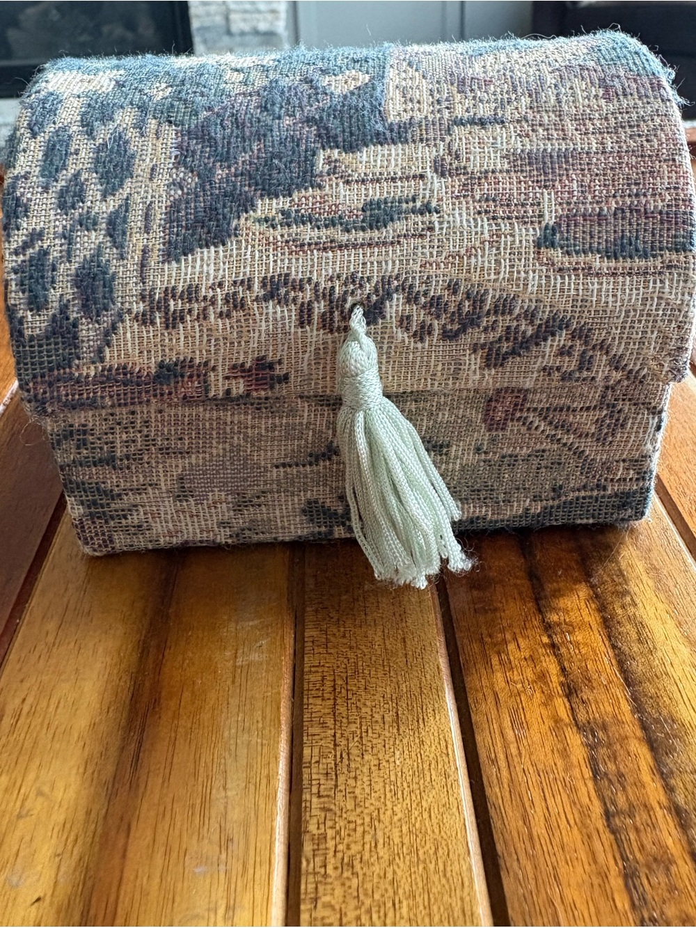 Vintage Tapestry Jewelry Box with Pattern and Tassel Closure